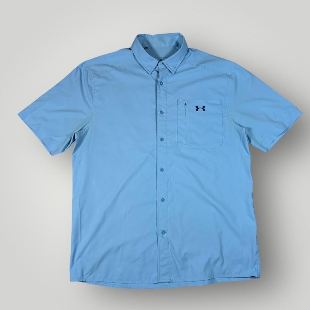 Under‎ Armour Shirt Mens Large Blue Fitted Performance Golf Fishing Button Front